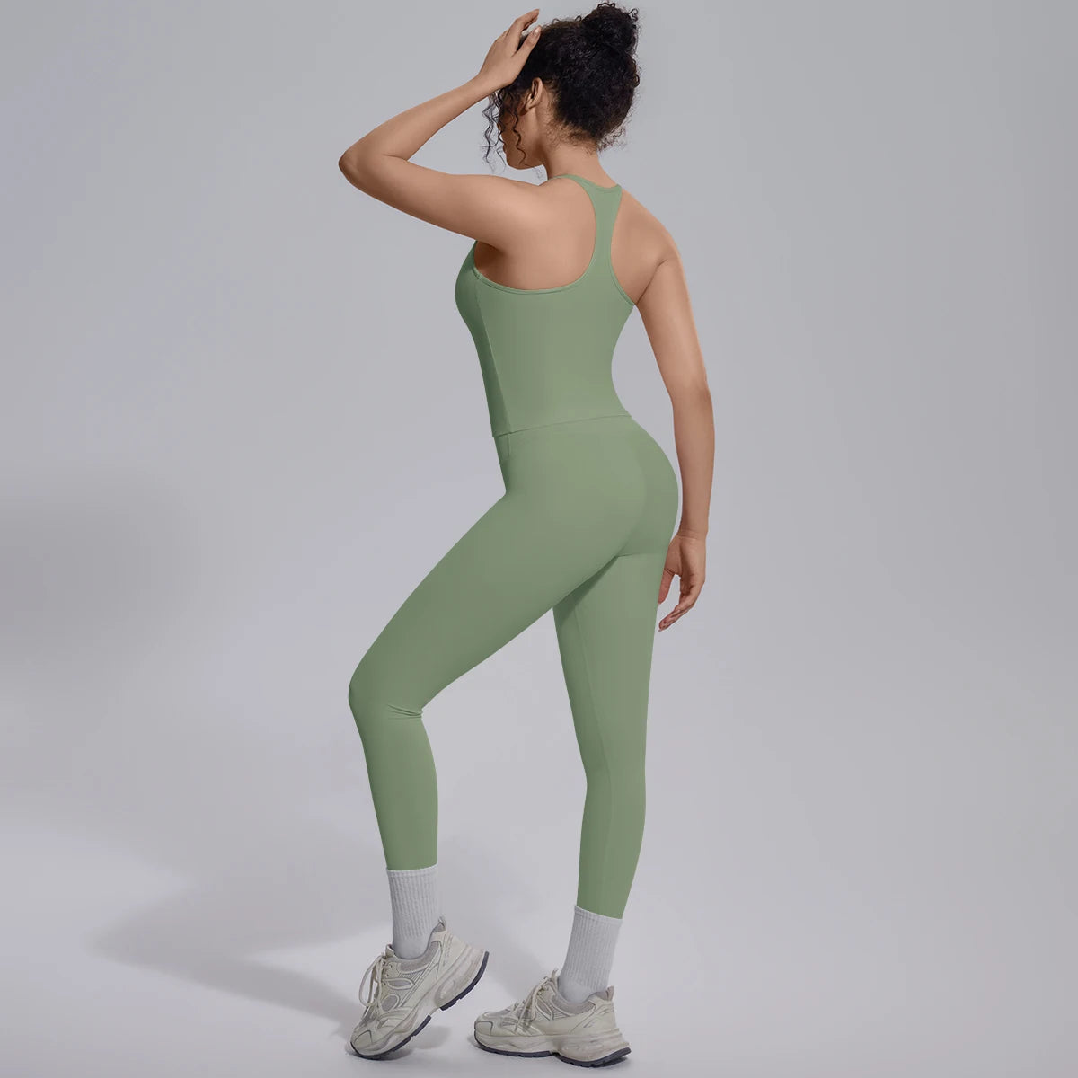 Damen-Yoga-Set aus Stretchstoff, olivgrün, ärmellos mit Racerback und Leggings