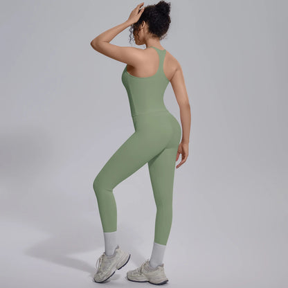 Damen-Yoga-Set aus Stretchstoff, olivgrün, ärmellos mit Racerback und Leggings
