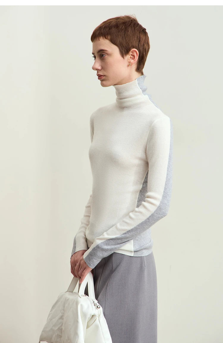 Damen-Rollkragenpullover Wolle-Mix Patchwork schlank Winter