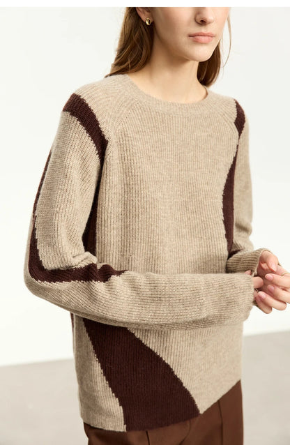 Damen-Rundhalspullover Wolle Yak asymmetrisch Patchwork locker Winter