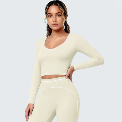 Damen Yoga-Langarmshirt, cremefarben mit V-Ausschnitt, schmalen Bündchen und Nahtlinien