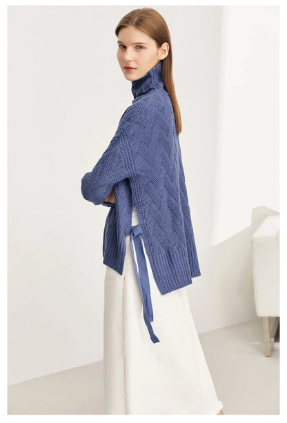 Damen-Rollkragenpullover locker Schnürung Herbst-Winter