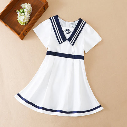 Kurzärmliges Sommerkleid für Mädchen für 5–12 Jahre, adrette Kleider mit gestreiftem Kragen im College-Stil, Kleidung für den Schulanfang