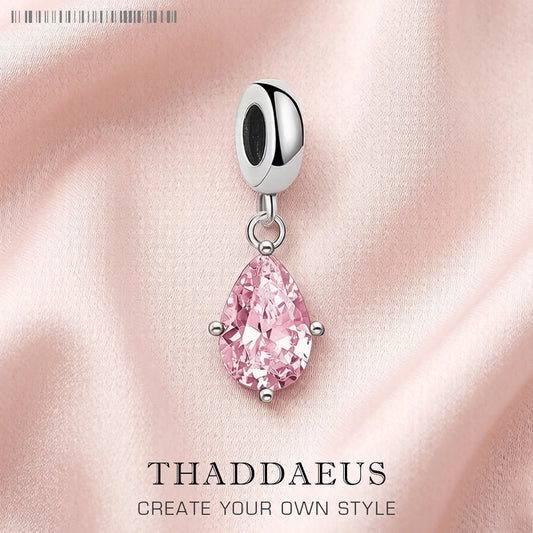 Rosa Tropfen-Charm-Anhänger aus 925er Sterlingsilber mit pinkem Stein