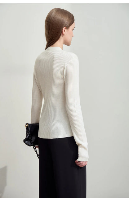 Damen V-Ausschnitt Pullover plissiert Muschelschnalle Wolle Herbst