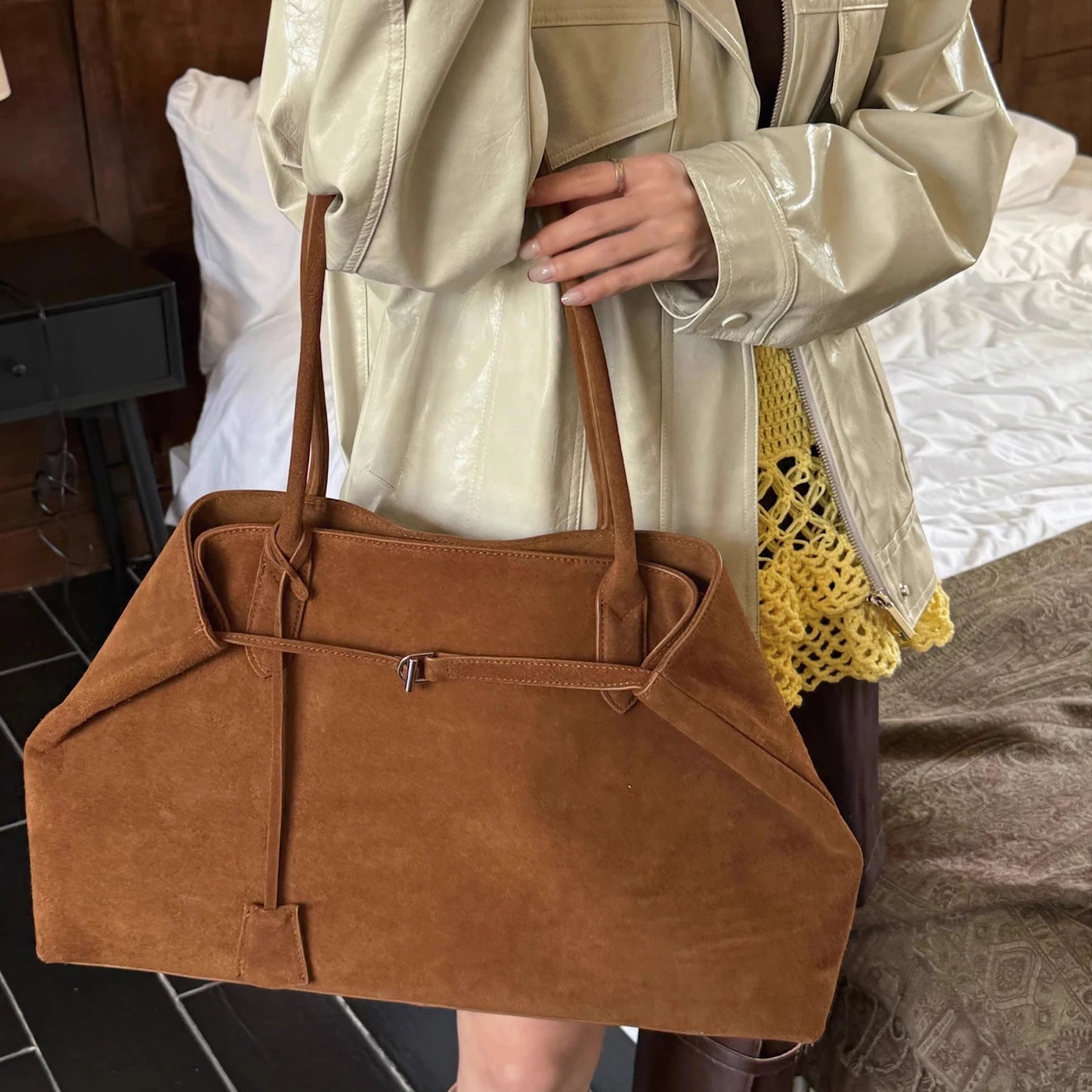 Wildleder Damen-Tote | Große Schultertasche 46x13x27 cm