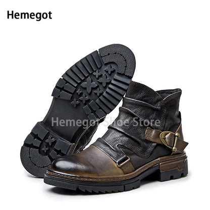 Herren-Motorradstiefel mit Schnallenriemen, robuste Profilsohle, schwarzes Lederdesign