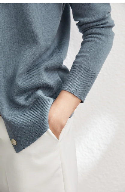 Damen-Wollstrickjacke, blau, lange Ärmel mit Bündchen und Knopfleiste