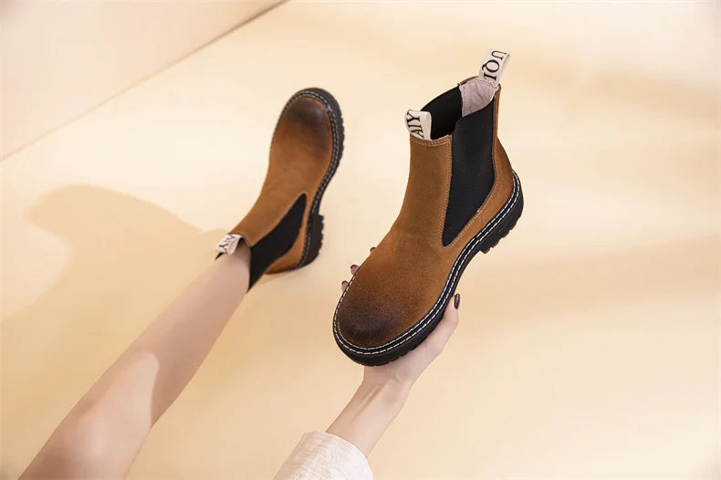 Women Winter Boots Sued Genuine Leather  New Fashion British Style Women Chelsea Boots Large Size 41　42　43 Female Ankle Boots