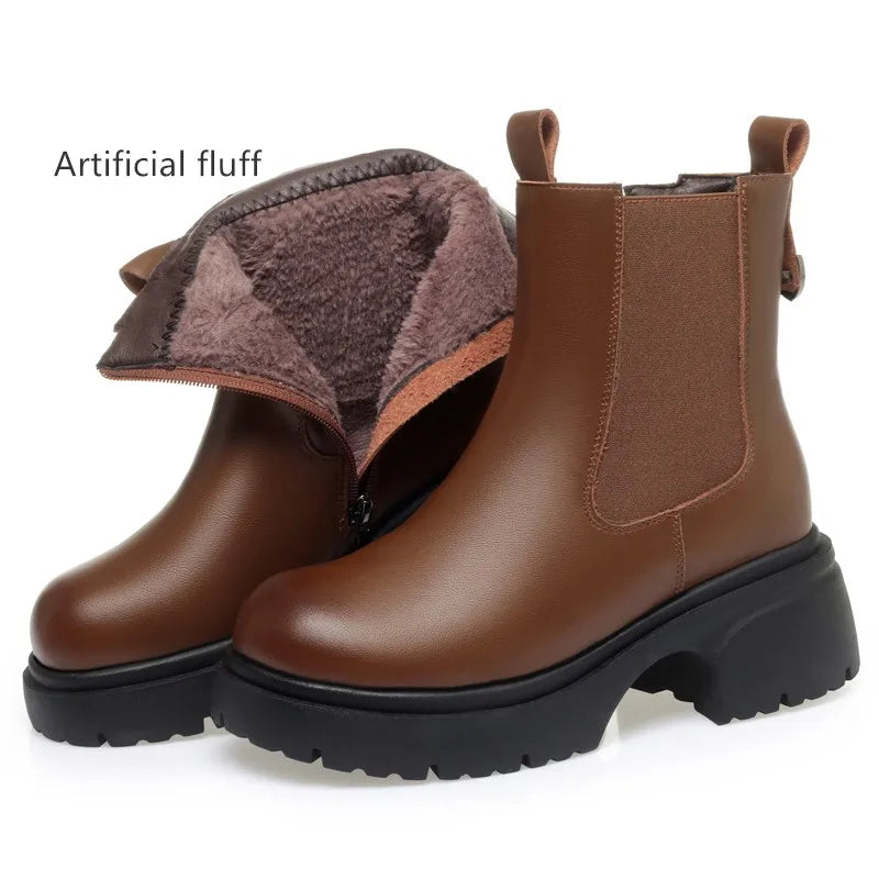 Braune Damen-Chelsea-Boots mit Kunstfellfutter, elastischer Schaft, griffige Profilsohle