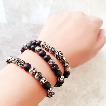 Damen-Armband Totenkopf-Kreuz Punk Obsidian aus Sterlingsilber
