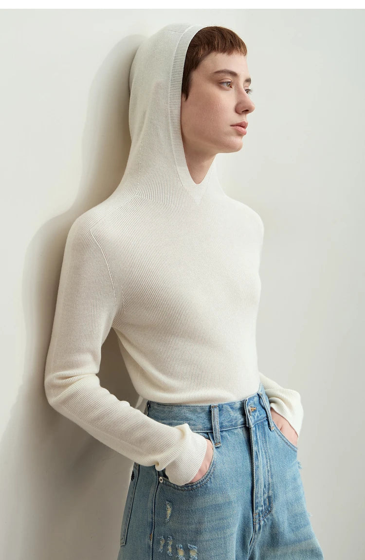 Damen-Kapuzenpullover Wolle-Polyester nahtlos gerade einfarbig Herbst