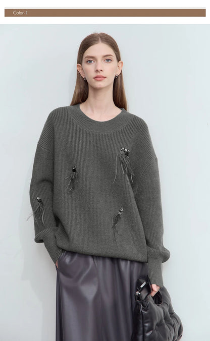 Damen-Rundhalspullover Perlen Strassapplikation locker Winter