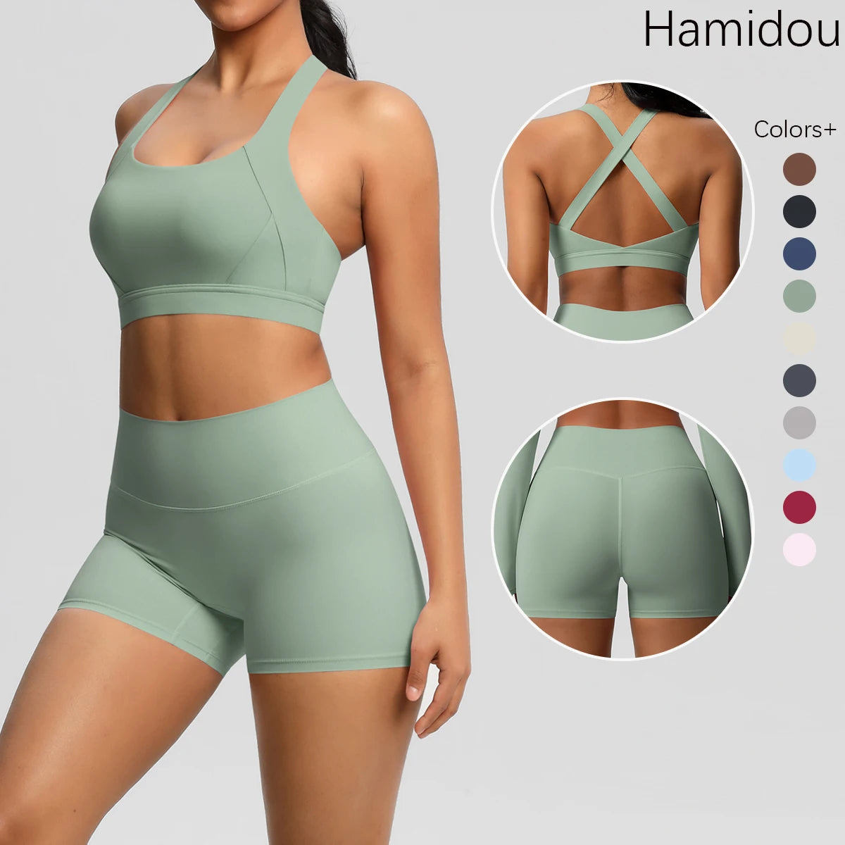 Damen-Sportset in Salbeigrün: Crop-Top mit Trägern und passende Shorts