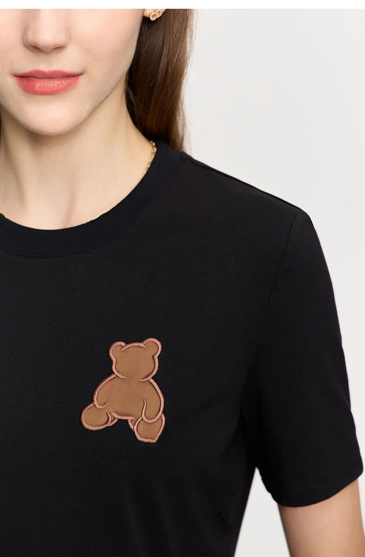Damen Top im minimalistischen Stil mit Bären-Applikation und O-Ausschnitt