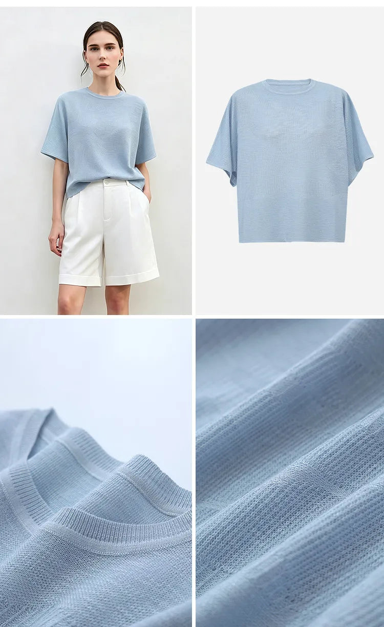 Damen-Rundhalspullover Fledermausärmel locker transparent Viskose Sommer