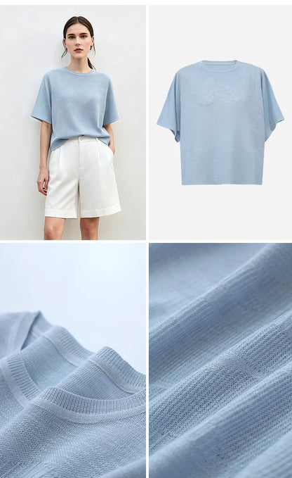 Damen-Rundhalspullover Fledermausärmel locker transparent Viskose Sommer