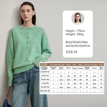 Damenpullover Grün mit Knopfleiste und Rundhalsausschnitt, locker sitzender Langarmpullover