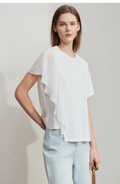 Damen Sommer-T-Shirt mit kurzen Schmetterlingsärmeln und Rundhalsausschnitt