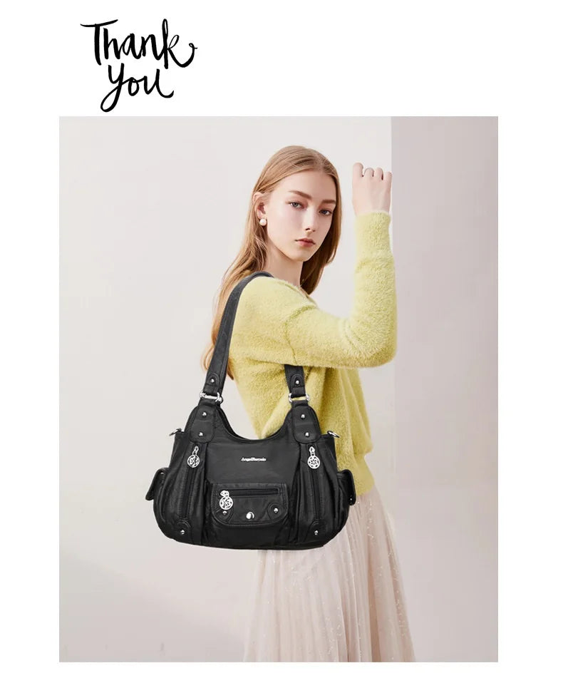 Damen-Handtasche Mit Obergriff Im Vintagestil Aus Kunstleder Mit Mehrfachfächern