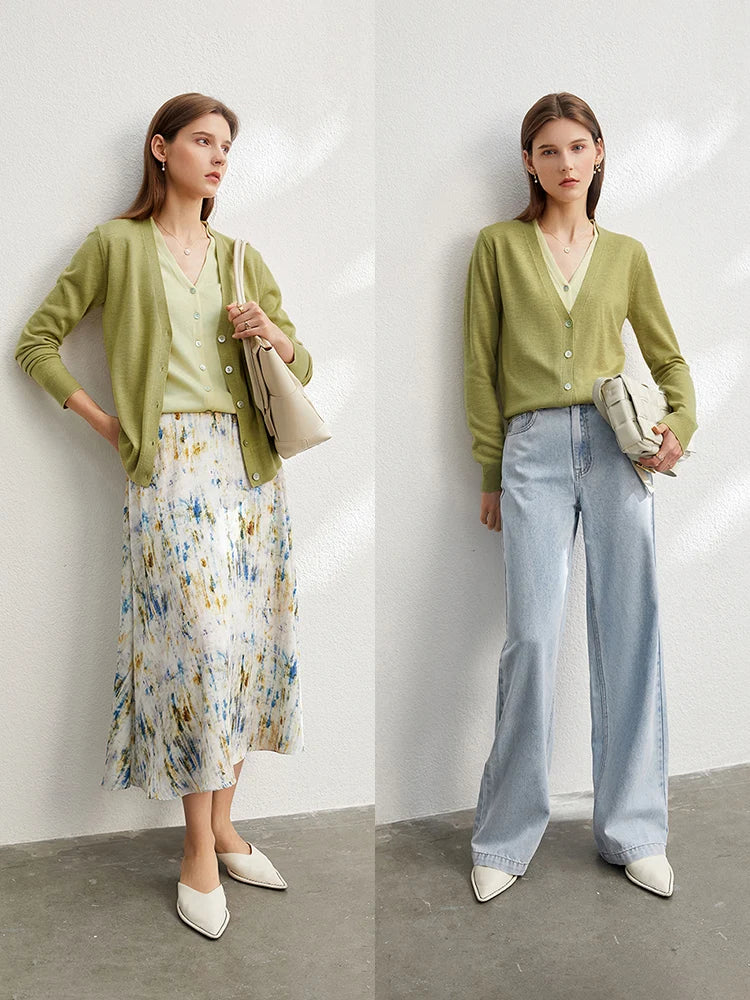 AMII Wolljacke mit V-Ausschnitt und Knöpfen, olivgrün, lange Ärmel