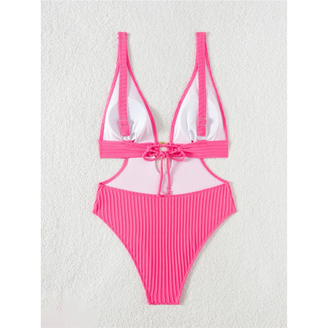 Damen Badeanzug tiefer V-Ausschnitt Cut-Out Monokini hoher Beinausschnitt 8 Farben