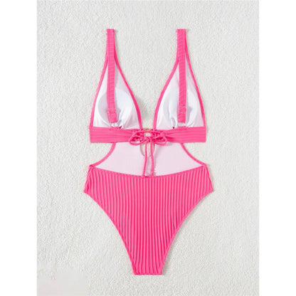 Damen Badeanzug tiefer V-Ausschnitt Cut-Out Monokini hoher Beinausschnitt 8 Farben
