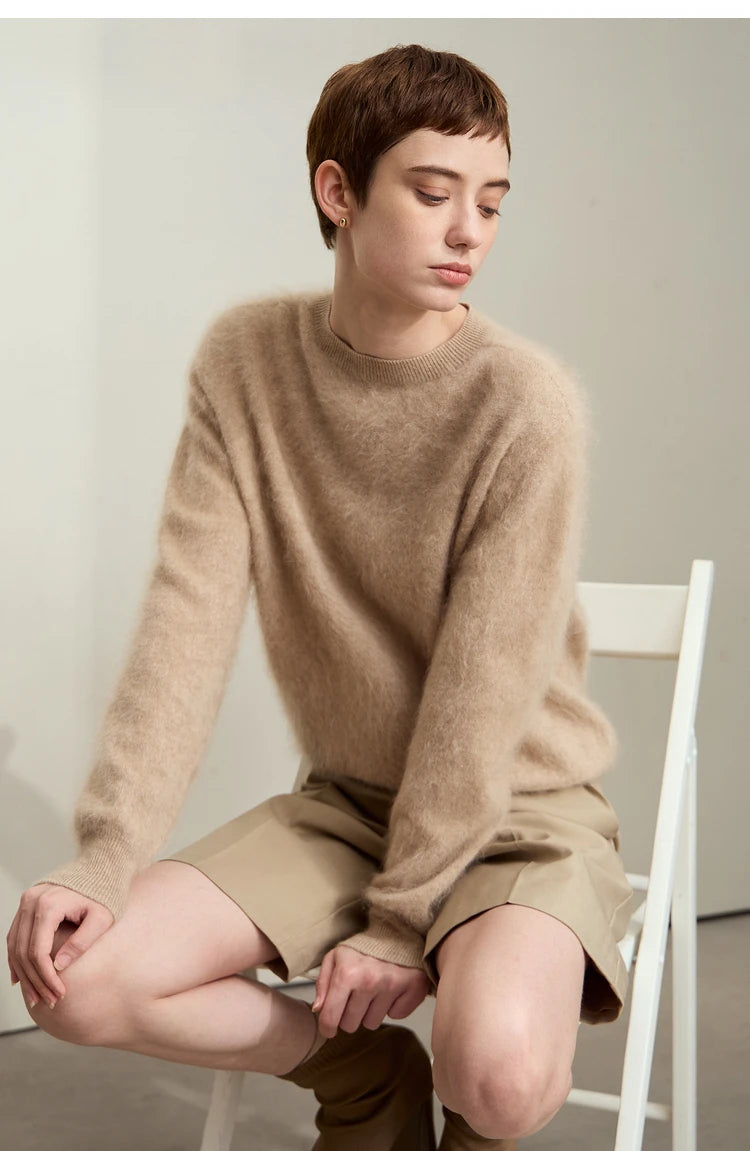 Warmer Damenpullover mit O-Ausschnitt, lockerer Strickoptik, lange Ärmel, beige