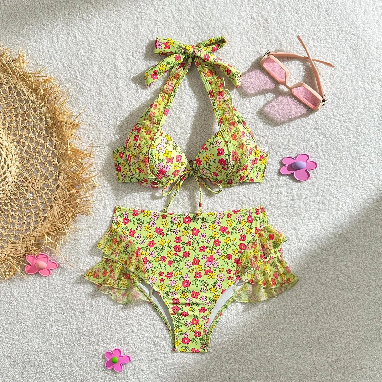 Bauchfreies Bikini-Set mit Push-up-Effekt und hohem Bund – ideal für Strand und Pool