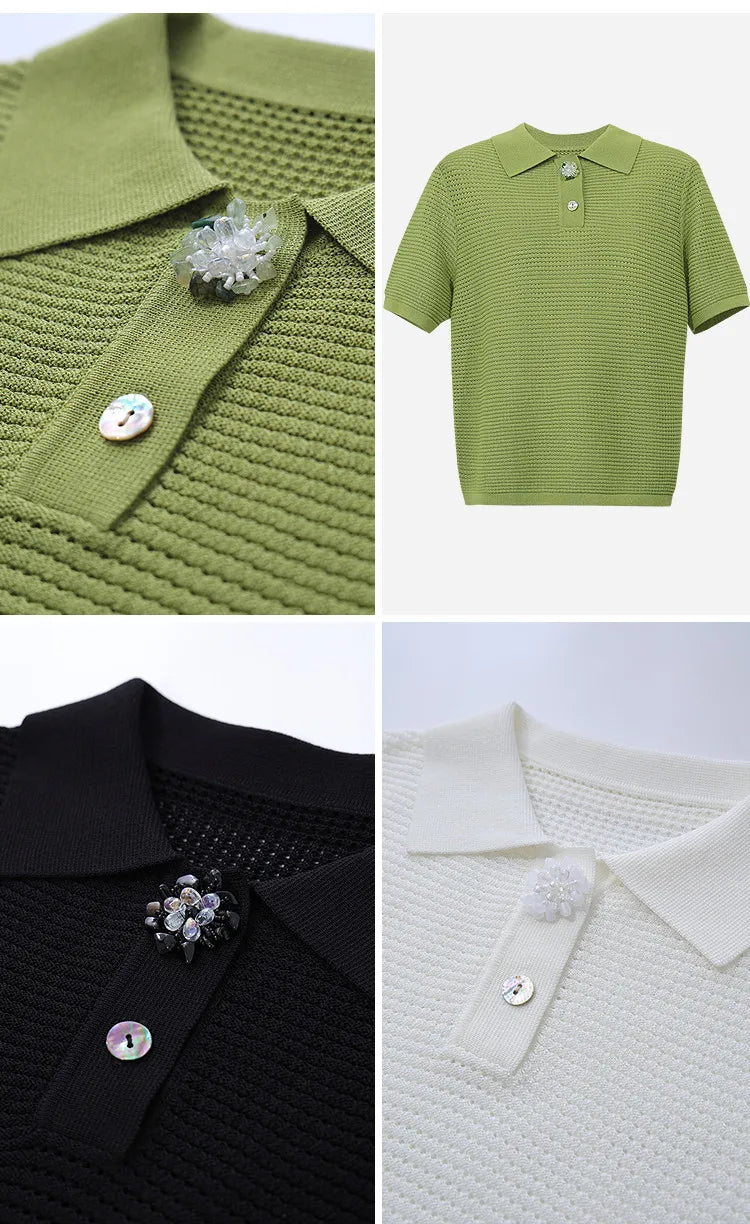 Grüner Strickpullover mit Polo-Kragen und Knopfleiste, Kurzarm, Crop-Länge