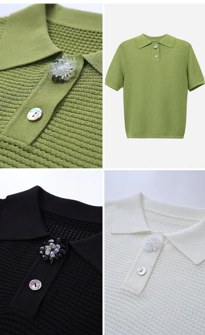 Grüner Strickpullover mit Polo-Kragen und Knopfleiste, Kurzarm, Crop-Länge