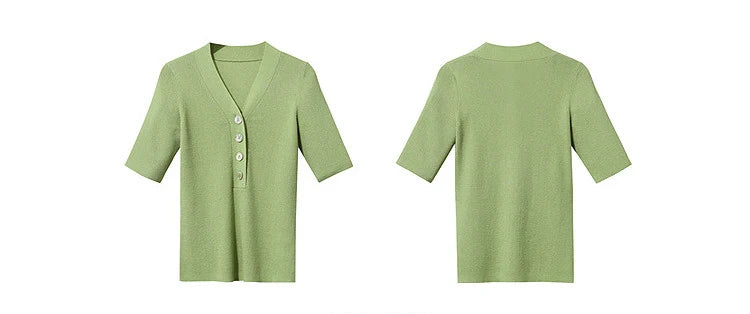 Damen V-Ausschnitt Pullover Wolle-Mix Halbarm Slim Frühling-Herbst