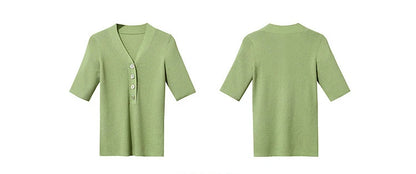 Damen V-Ausschnitt Pullover Wolle-Mix Halbarm Slim Frühling-Herbst