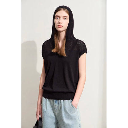 Damen-Kurzarm-Strickpullover mit Kapuze, schwarz, lockere Passform