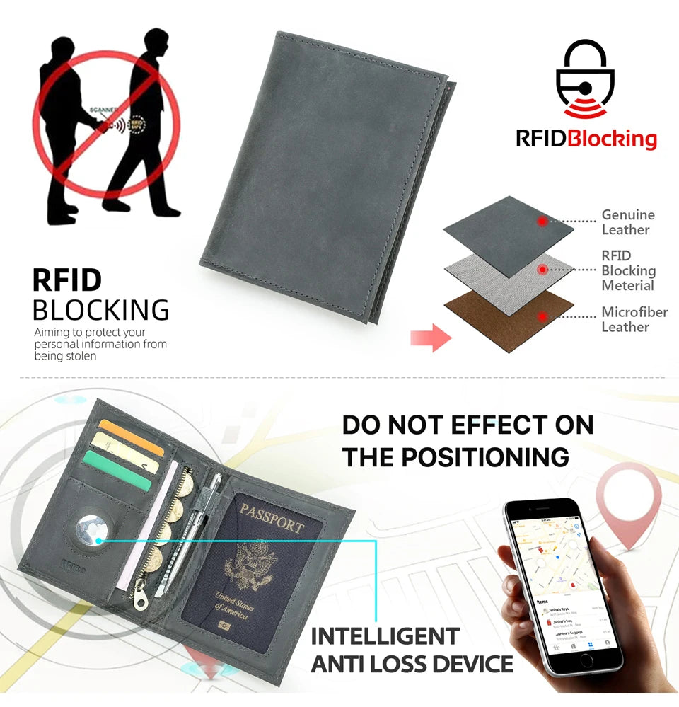 Graue Reisepasshülle aus Leder mit RFID-Blockierung, Passfach und Reißverschluss