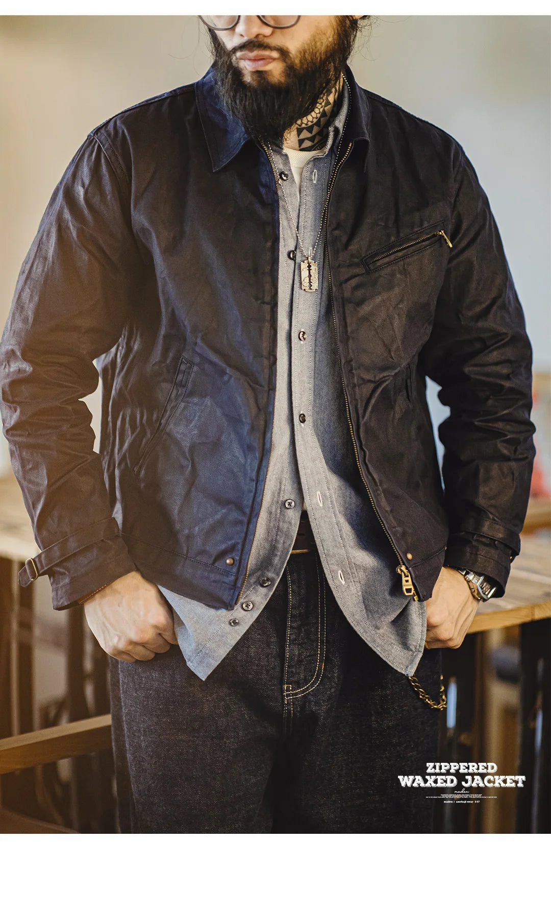 Herren Jacke Vintage IV Oil Waxed Canvas Revers Reißverschluss Taschen