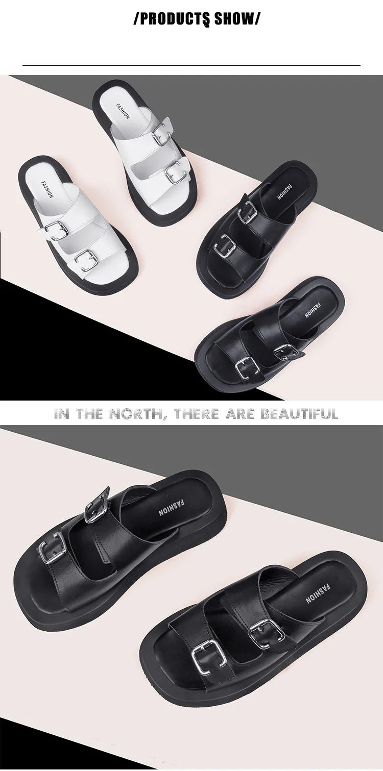 2025 frauen Hausschuhe Sommer Echtes Leder Rutschen Frauen Fashion Square taste Flache Sandalen Damen Outdoor Casual Flip-Flops