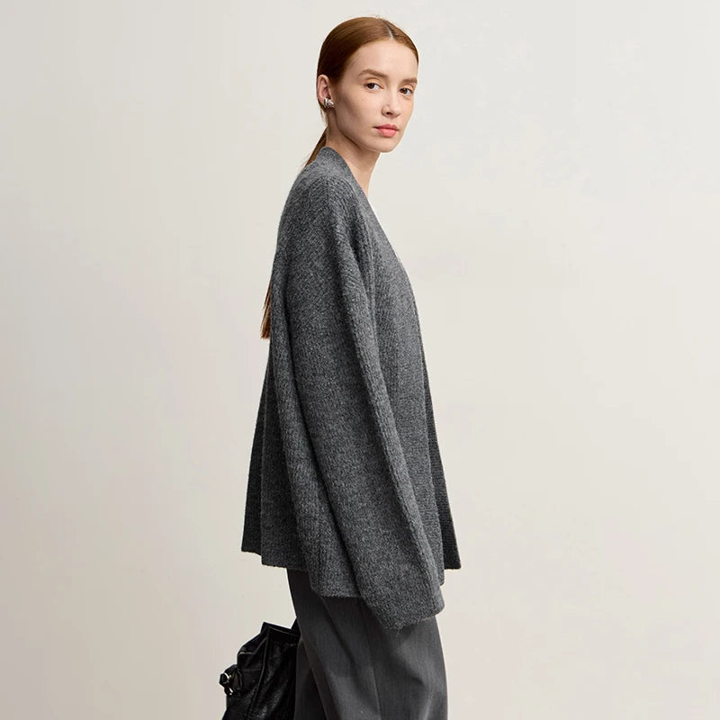 Damen V-Ausschnitt Cardigan lang Wolle-Mix offen Winter