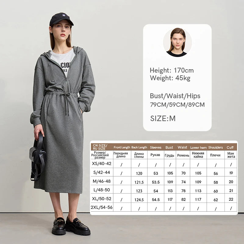 Premium Damen Strickkleid Mit Kapuze Elastische Taille Baumwolle Langarm