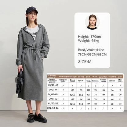 Premium Damen Strickkleid Mit Kapuze Elastische Taille Baumwolle Langarm