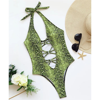 Damen Badeanzug Schlangenhaut Neckholder Bauch-Cut-Out Monokini Einteiler