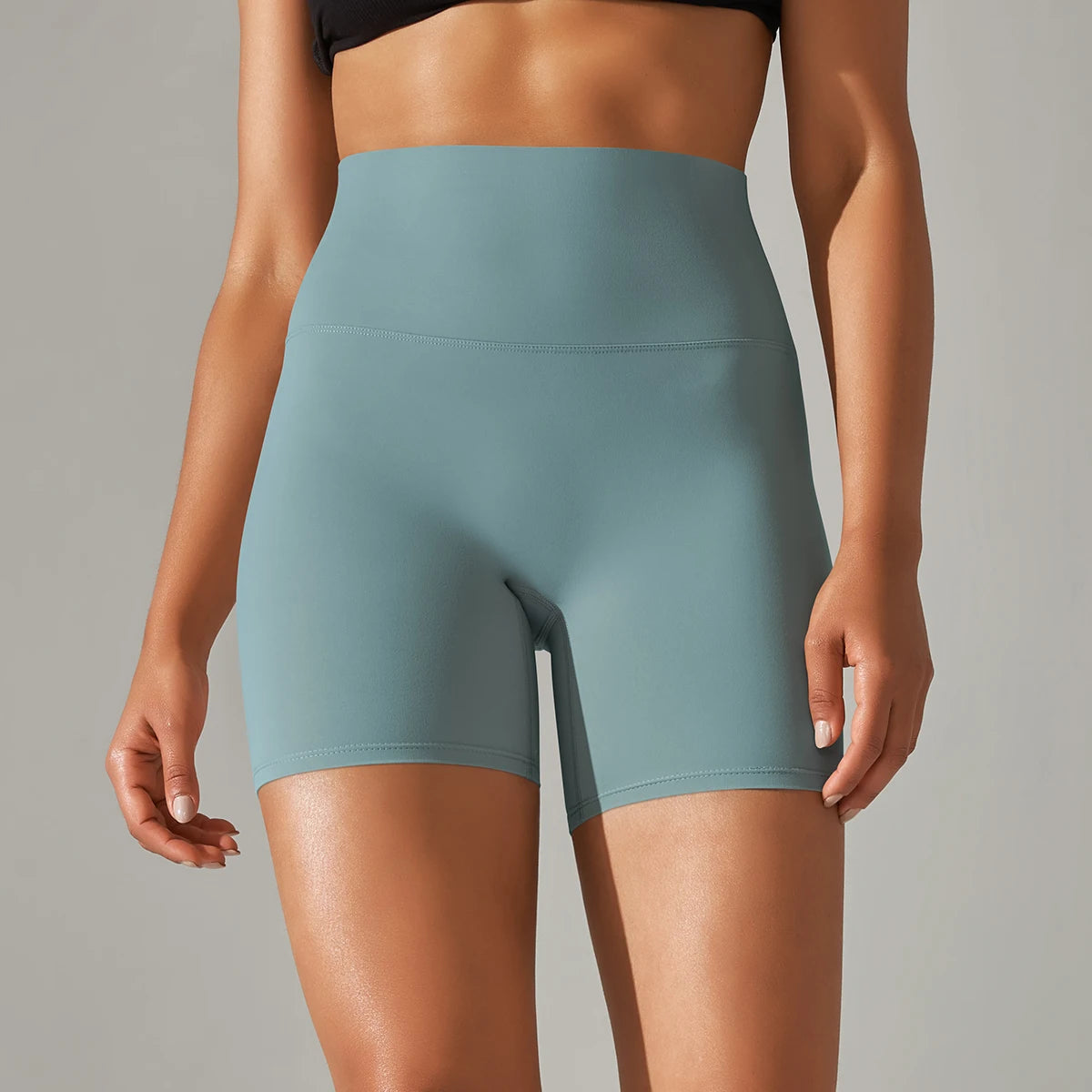 Nahtlose Sportshorts für Frauen mit hohem Bund, petrolgrün, Vorderansicht