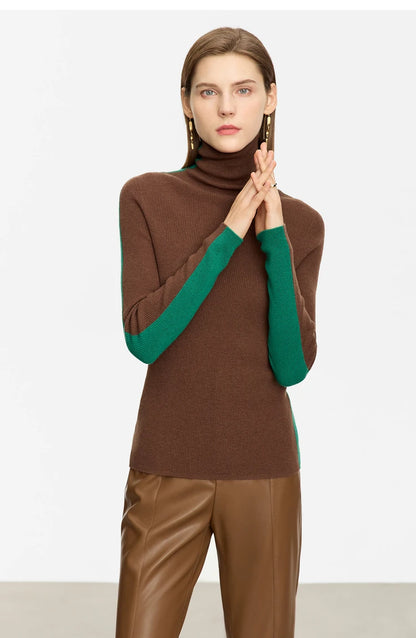 Damen-Rollkragenpullover 100 % Wolle Farbkontrast Slim Fit Frühling