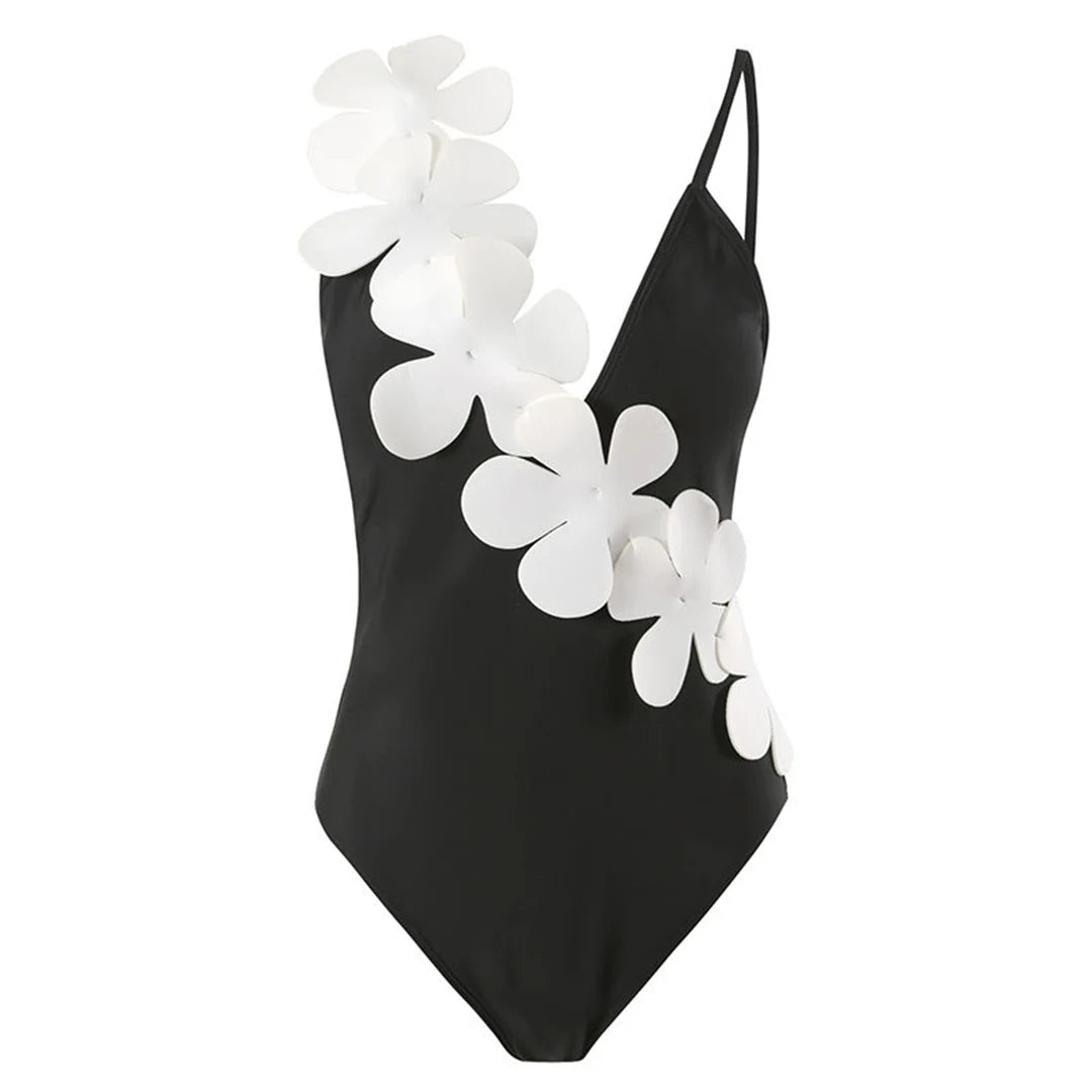 Damen Badeanzug Sarong 3D-Blumen tiefer V-Ausschnitt hoher Beinausschnitt