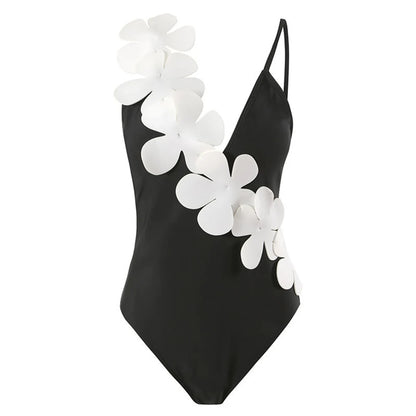 Damen Badeanzug Sarong 3D-Blumen tiefer V-Ausschnitt hoher Beinausschnitt
