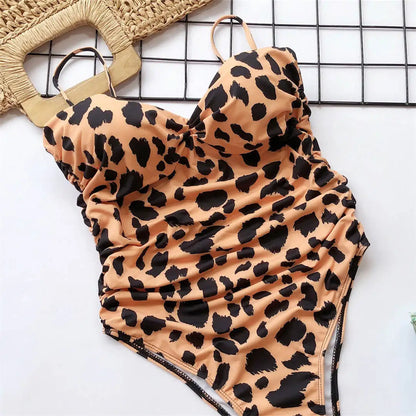 Damen-Badeanzug Leopard Push-Up Bandeau High-Cut gepolstert