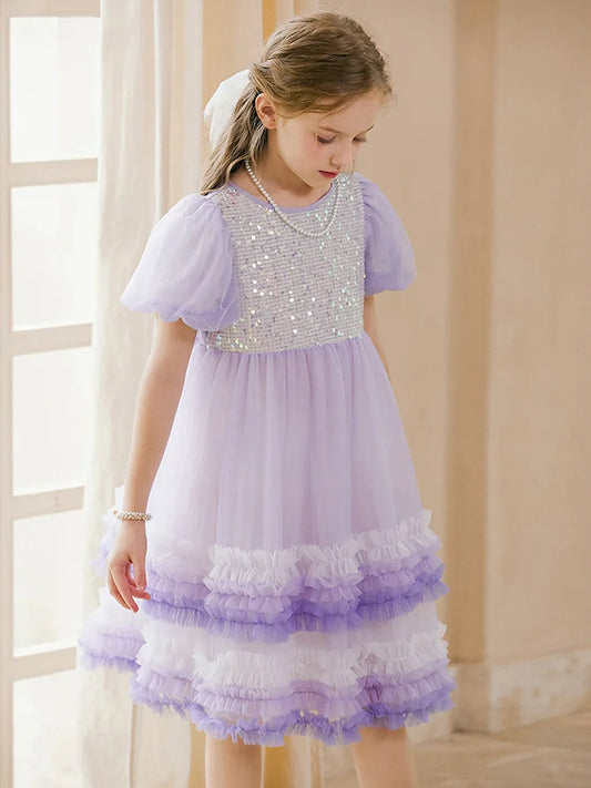 Sommerkleid für Mädchen mit Puffärmeln und kleinem Blumenmuster aus 100% Baumwolle – niedliches Design für Kinder von 3 bis 14 Jahren