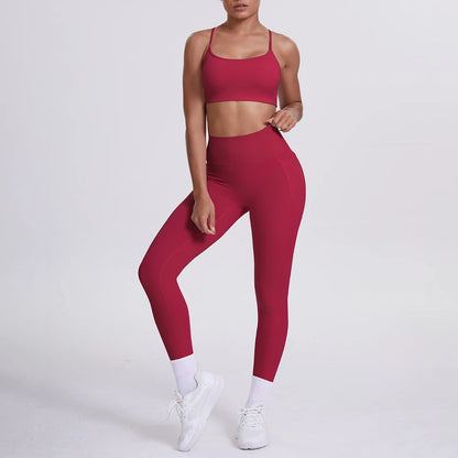 Damen Yoga-Set mit Sport-BH und Leggings, weinrot, ganzer Look