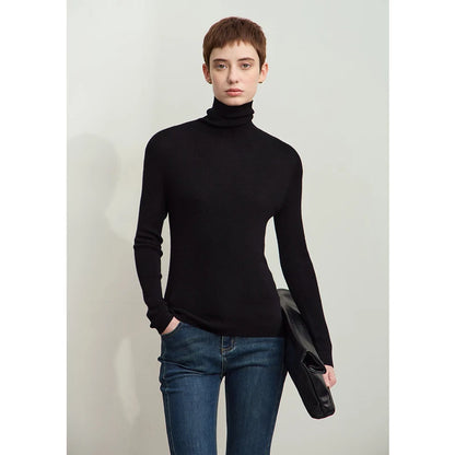 Damen-Rollkragenpullover 100 % Wolle Kammgarn schlank Winter