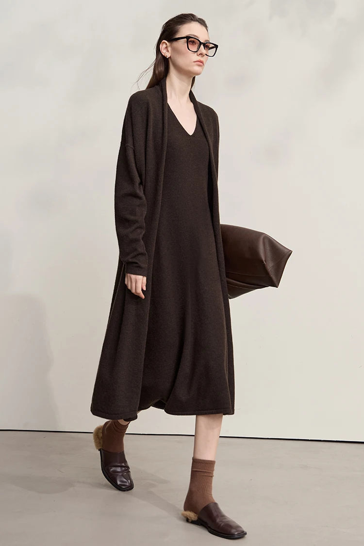 Damen V-Ausschnitt Strickkleid A-Linie ärmellos Herbst-Winter